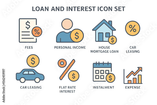This icon set features loan and interest symbols, including fees, personal income, house mortgage loan, car leasing, flat rate interest, installment, expense, financial ratio, and many others