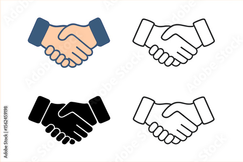 Vector illustration of a business agreement handshake icon in various styles, suitable for friendly handshake icons in apps and websites