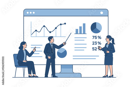 Business professionals utilize analytics and monitoring tools on a web report dashboard to track key performance indicators through a conceptual and vector-based illustration design suitable for a