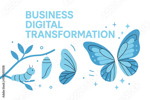 The concept of digital transformation in business is symbolized by the innovative life cycle of a butterfly, set against a blue background, representing renewal, powerful transformation, and