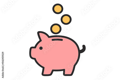 Vector illustration of a piggy bank with coins falling into it, along with a baby pig and pig silhouette, symbolizing financial independence and a money box