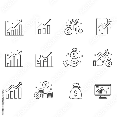 Financial icons set illustrating business growth, investment, and profitability using linear style with graphs, charts, and currency symbols.