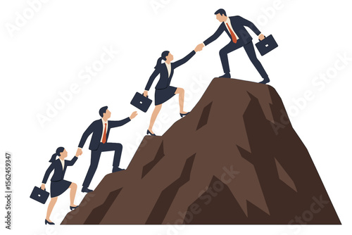 Entrepreneurs ascend to the summit of the mountain, while a leader assists the team in conquering the cliff and attaining the objective, embodying the business concept of leadership and collaboration