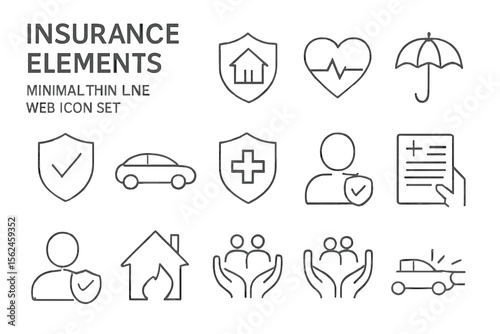 A minimal thin line web icon set is presented, focusing on insurance elements, in the form of an outline icons collection with simple vector illustration