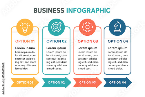 This Vector business infographic design template includes icons and features four distinct options or steps that can be utilized for various purposes