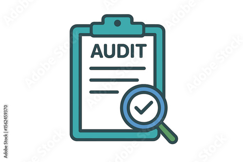 Flat style audit document icon, with a result report vector illustration on a white isolated background, representing a verification control business concept