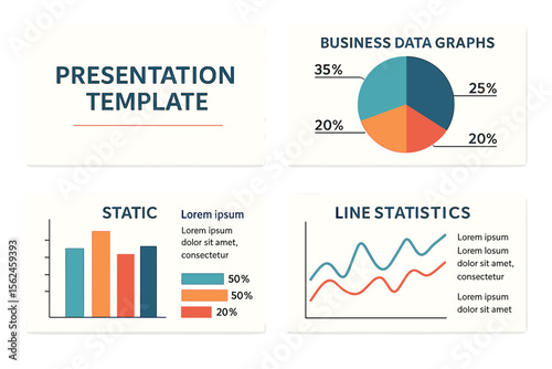 The design of presentation templates includes business data graphs and vector financial and marketing charts