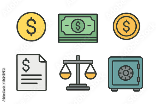 Collection of financial symbols, including currency, money, coin, statement, balance, safe, and bank