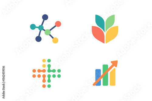 A collection of abstract logos for businesses, featuring corporate identity design elements that convey network connections, integration, and growth, particularly in the fields of science