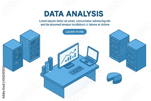 An isometric vector illustration of data analysis is presented, featuring an abstract 3D datacenter or data center room background, along with a network mainframe infrastructure and a website header