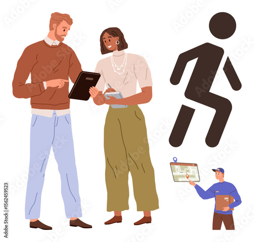 Two coworkers discussing digital data on a tablet, delivery man holding package, courier map, walking figure. Ideal for teamwork, logistics, delivery, communication, technology business efficiency