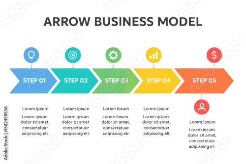 The arrow business model concept features six consecutive steps, accompanied by six vibrant graphical elements, suitable for a timeline design in brochures or presentations, and infographic layouts