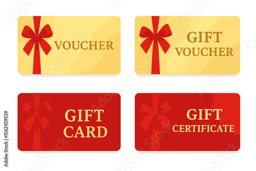 Golden voucher or red gift card, gold certificate for discount, set of isolated template for present coupon with ribbon and bow, shop invitation promo or flyer offer, birthday gift, premium label