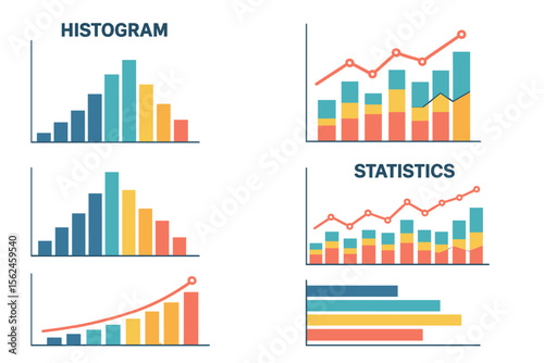 Vector set charting on dashboard, including histogram charts, business infographic template with  diagrams, statistic bars, line graphs and charts for presentation and finance report
