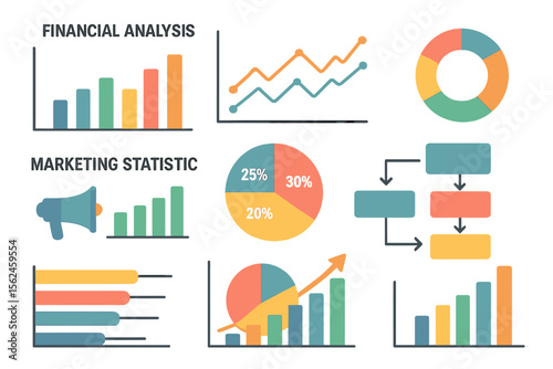Vector set of modern business presentation elements including financial analysis data graphs and infographics charts, as well as marketing statistic workflow diagrams