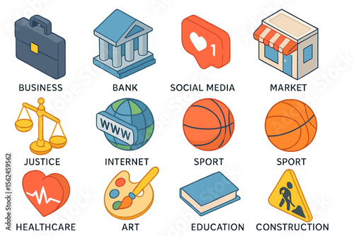 Vector illustration featuring isometric flat icons for various sectors including business, banking, social media, justice, internet technology, retail, education, sports, healthcare, art, and