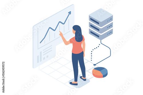 The woman is engaged with statistical analysis and a diagram, surrounded by elements of data analysis in isometric vector design, network mainframe infrastructure, and website layout, all centered