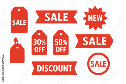 The collection set includes Sale and New Label, featuring sale tags with discounts of and along with red ribbons, banners, and icons on a white background, presented as a vector