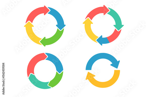 Vector set of colorful circle arrow charts and multicolor spinning arrows, including repeat circle combinations and a reload icon, for business strategy workflow process infographics and circular