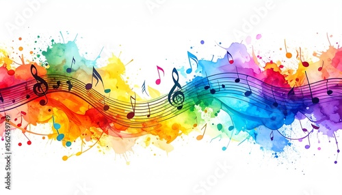 Rainbow Music Notes on Watercolor Splashes