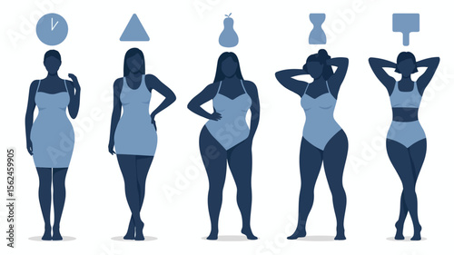 Silhouettes of five different female body types shown from the back, each labeled with a distinct icon—clock, triangle, pear, hourglass, and square—on a light gray background.

