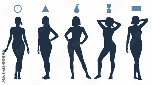 Silhouettes of five different female body types shown from the back, each labeled with a distinct icon—clock, triangle, pear, hourglass, and square—on a light gray background.

