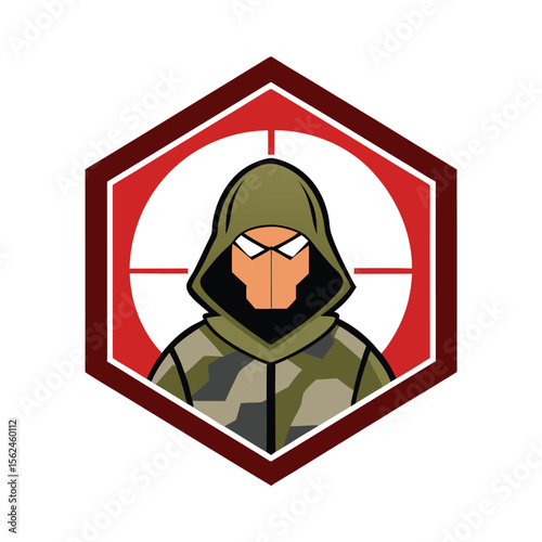 Sniper soldier with crosshair eye and camo hoodie aim Vector illustration