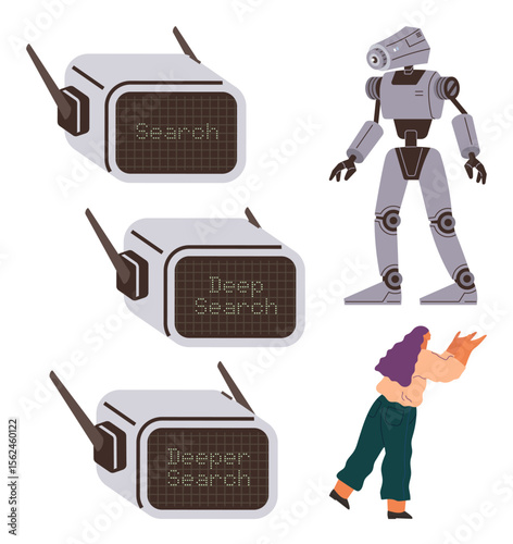Human holding book beside advanced robot and search devices displaying Search, Deep Search, and Deeper Search. Ideal for AI, knowledge, innovation, automation, technology, research and learning