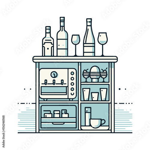Minibar setup with bottles and glasses in hotel environment  
