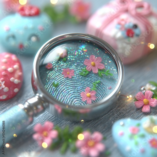 Magnifying Glass Focusing on Fingerprint with Flowers
