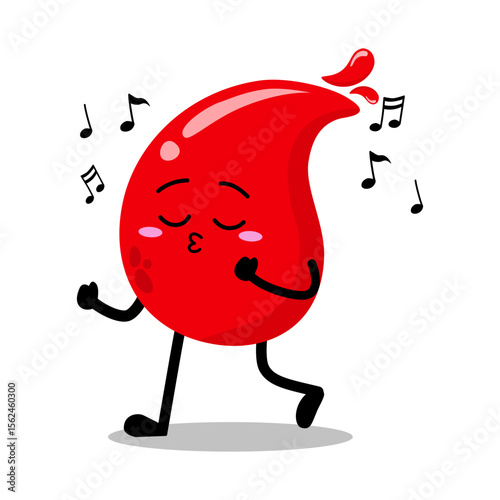 Cute Hand Drawn Red Blood Drop Walking and Whistling