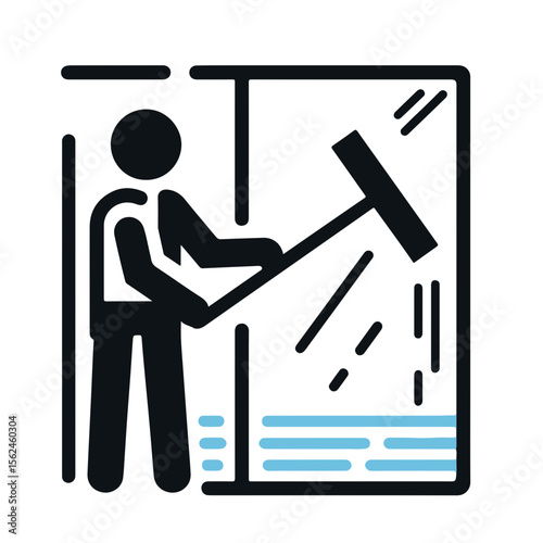 Hotel staff cleaning window with squeegee in modern setting  