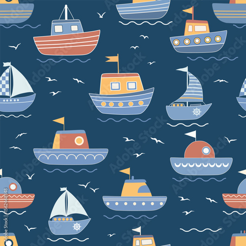 Maritime seamless pattern with white anchors on a blue background with light blue stripes