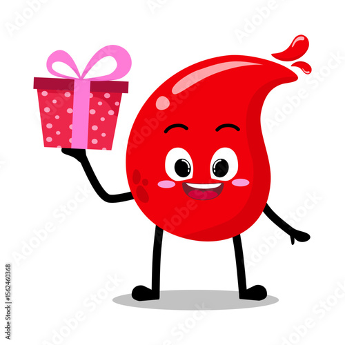 Cute Hand Drawn Red Blood Drop Giving a Present Gift