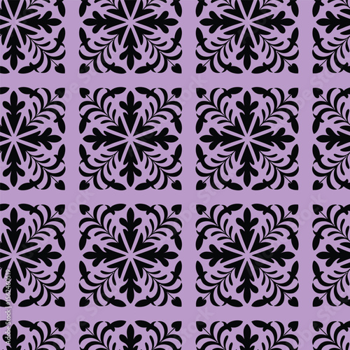 A sophisticated repeating damask pattern in black against a soft lavender background. This stylish design adds a touch of elegance and refinement, making it perfect for textiles, wallpapers, or any.