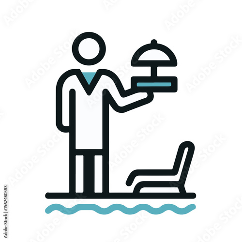 Waiter serving food by the poolside with a tray and sun chair  
