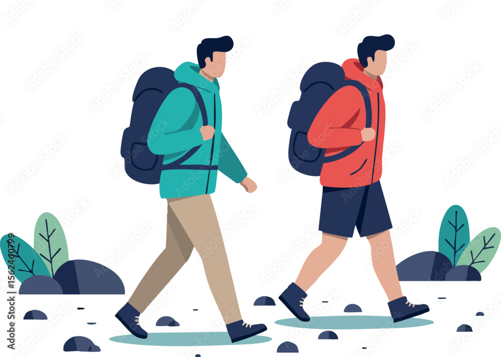 Obraz premium Two male hikers walking with backpacks in outdoor nature environment vector illustration 