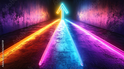 Fototapeta Naklejka Na Ścianę i Meble -  Neon arrow guiding through concrete tunnel with vibrant light trails perspective view