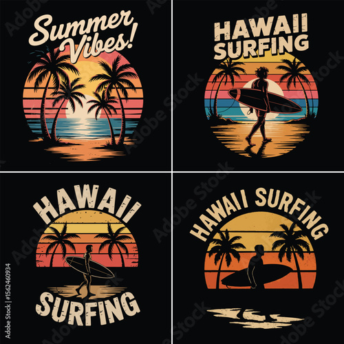 Vintage Hawaii Surfing Summer Vibes Retro Sunset Beach Designs