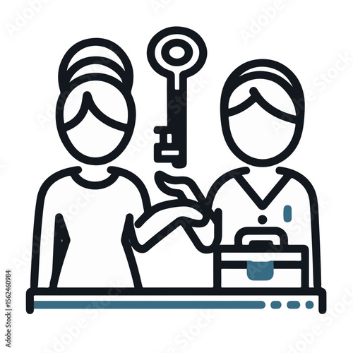 Receptionist handing key to guest at hotel front desk concept  