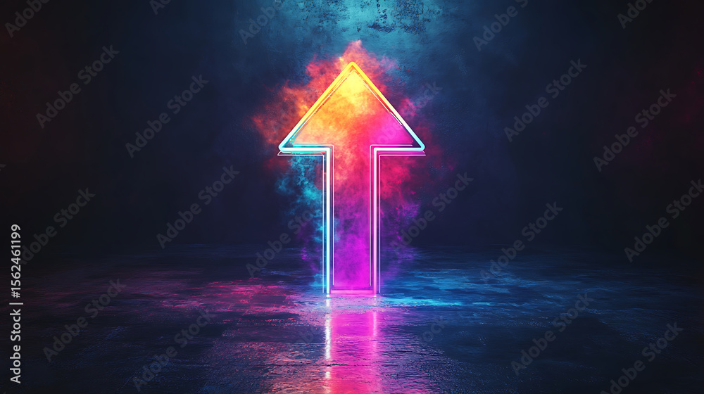 Fototapeta premium Neon arrow rising with vibrant colors against a dark background with reflective surface