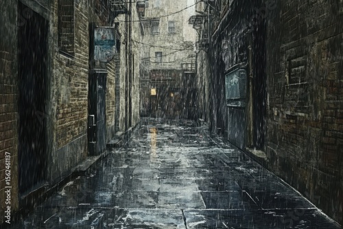 Rainy alleyway in an anime style capturing a moody urban atmosphere, A rainy street in the alleyway, a style of anime