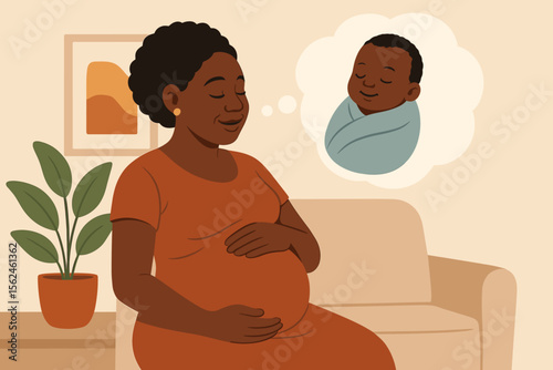 Happy pregnant Black woman sits on sofa, touching belly and dreaming of her baby. Expectant mother imagining newborn child. Motherhood, maternity, new life concept vector.