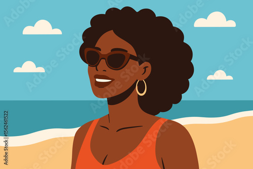 Beautiful black woman with afro hair enjoying summer vacation at the beach. Stylish African American girl in sunglasses relaxing by the sea. Modern flat vector character illustration.