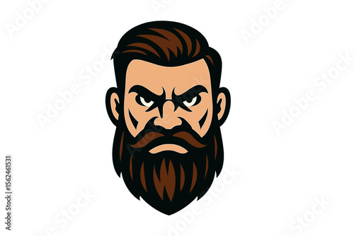 Barbershop logo with a serious bearded man's head. Vector illustration of a strong masculine character for a sports team mascot, gym emblem, or grooming brand. Menacing face icon.