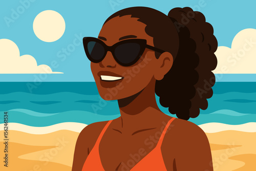 Beautiful Black woman at the beach wearing sunglasses on summer vacation. Happy African American female character relaxing by the sea. Modern flat style vector cartoon illustration.