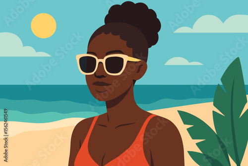 Beautiful black woman at the beach vector illustration. Stylish African American female character wearing sunglasses on summer vacation. Modern flat cartoon design for travel and holiday.