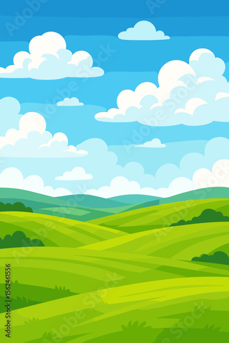 Idyllic summer landscape with rolling green hills and fields. Rural countryside scenery with blue sky and clouds. Natural pasture or meadow background. Modern flat vector cartoon illustration.