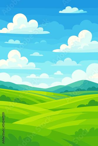 Beautiful summer landscape with green rolling hills and meadows under a bright blue sky with fluffy clouds. Natural countryside scenery. Modern flat cartoon vector illustration background.