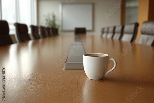 Empty conference table with one turned-over coffee cup, end of intense meeting